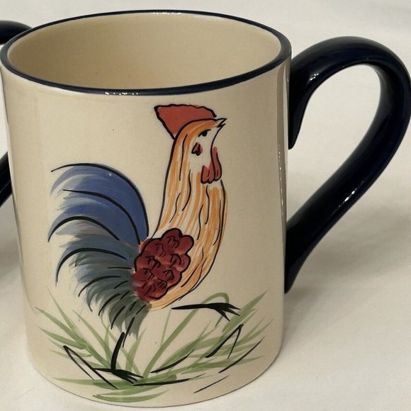 2 Cracker Barrel Cups Mugs Rooster Blue Handle & Rim MW & DW Safe - Picture 3 of 13